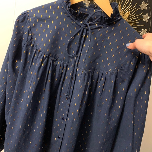 Emerson Fry India Collection Emmaline Top Blue Gold Metallic Blouse Maritime Dot - Picture 6 of 16